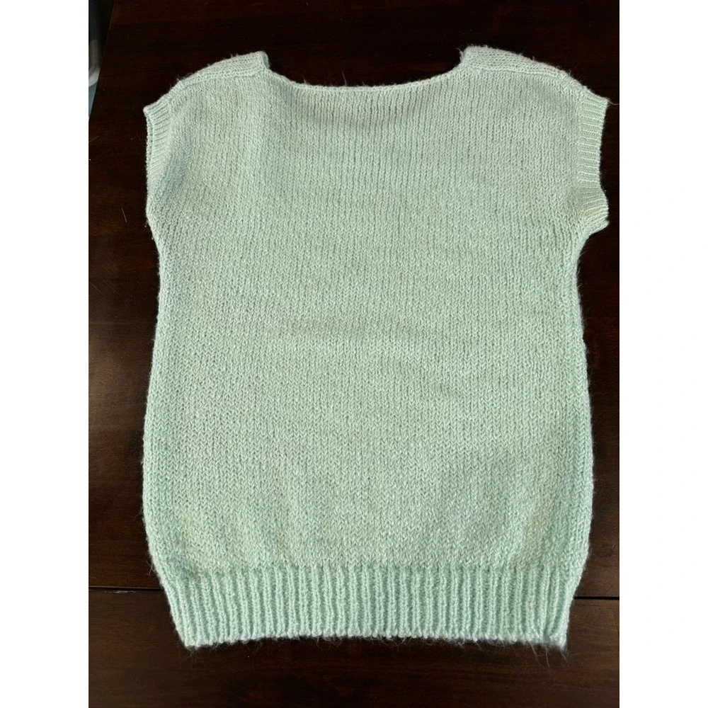 VTG Short Sleeve Sweater Mint Blue‎ Green Pointelle Cottage Lightweight Small